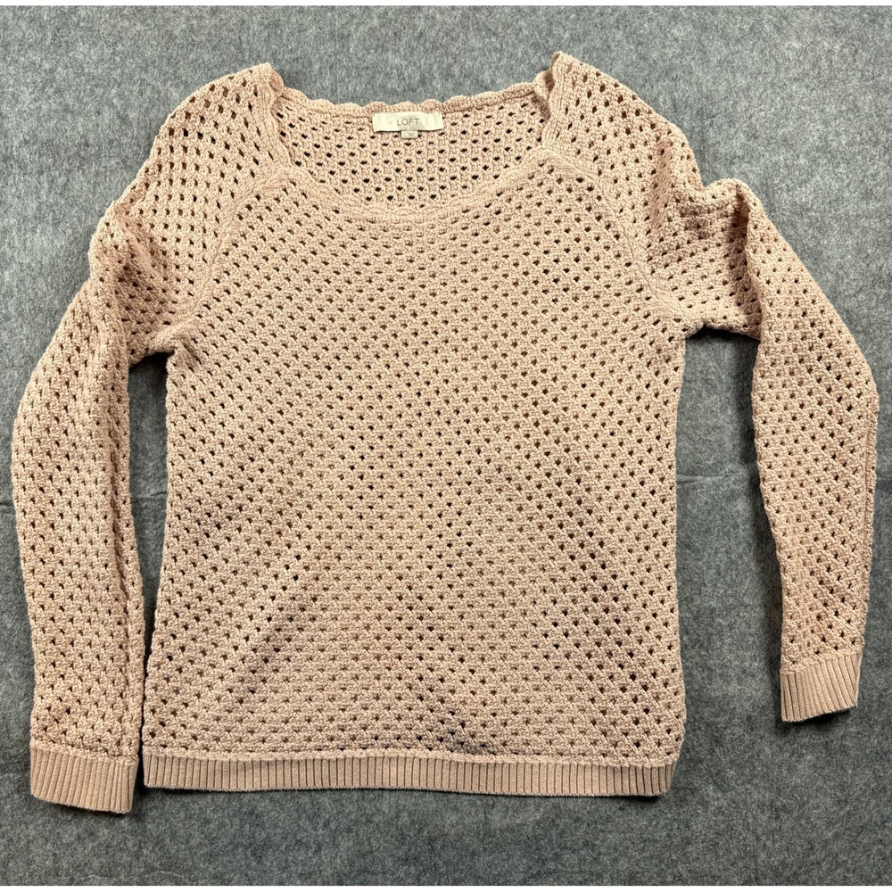 LOFT Womens Large dusty rose Cotton Crochet Open Knit Scalloped Sweater 325231